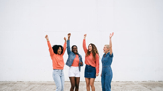 Four diverse women celebrating with raised fists showing girl power