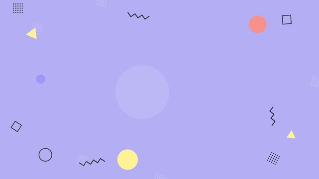 Abstract purple motion render with minimalist pastel geometric shapes playful lavender background featuring triangles circles and squiggly lines