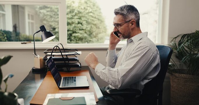 Home office, man and laptop with phone call for remote work, technical audit review or site speed. Freelancer, mature SEO specialist and mobile chat for diagnostic check, web optimization plan or WFH