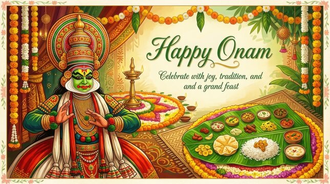 Happy onam greeting card with kathakali dancer and traditional sadya meal served on banana leaf with floral decoration.
