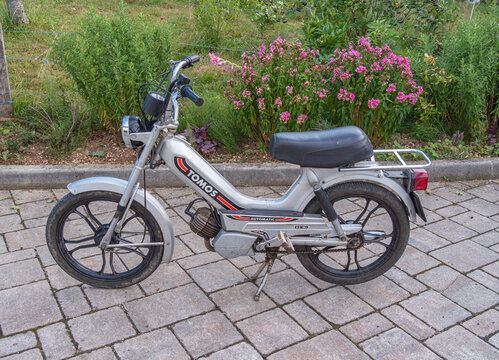 Silver vintage moped beside a garden path