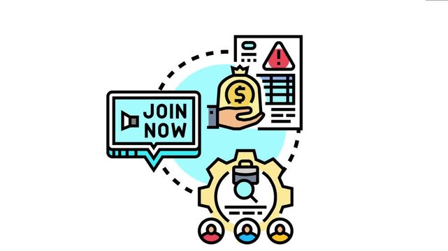 Account onboarding process with a hand holding a money bag, a join now button, and user icons representing new customer registration and digital setup