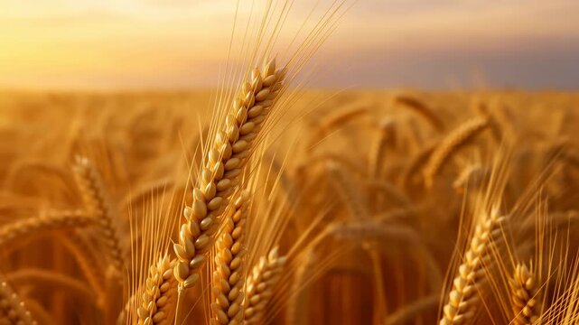 Ripening wheat ears swaying in golden field during warm breeze, rimlit by low sun with soft bokeh, rural horizon, rich harvest texture, seasonal agriculture background