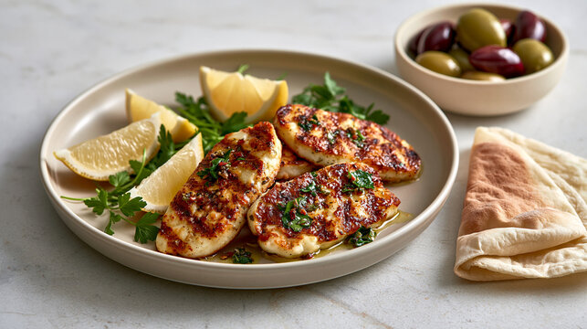 Grilled halloumi with lemon olives herbs and folded flatbread showcasing Mediterranean quiet luxury dining