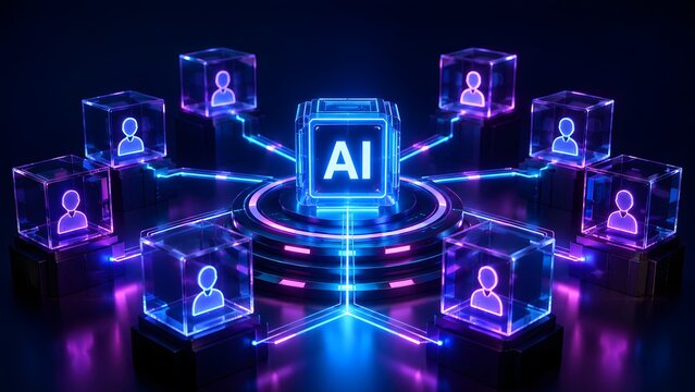 A powerful artificial intelligence core connects and empowers a global network of digital users in a mesmerizing, futuristic technological environment.