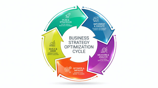 Circular business strategy optimization cycle infographic with five steps for planning, execution, measurement, and growth in corporate finance and working capital management