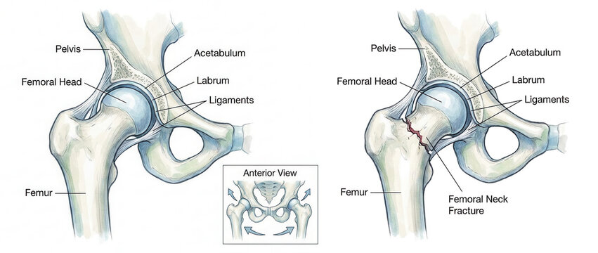 Medical illustration comparing a healthy hip joint with a femoral neck fracture, showing the femoral head, acetabulum, labrum and ligaments, detailed orthopedic anatomy and bone injury.