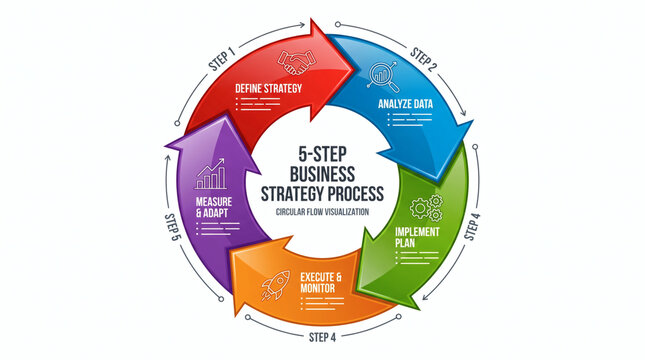 Five step circular business strategy infographic for planning and finance advisory workflow with colorful arrows and process descriptions on a clean white