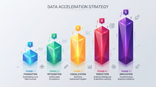 Isometric infographic featuring five colorful columns illustrating a business growth strategy, roadmap, and financing services workflow from foundation to innovation