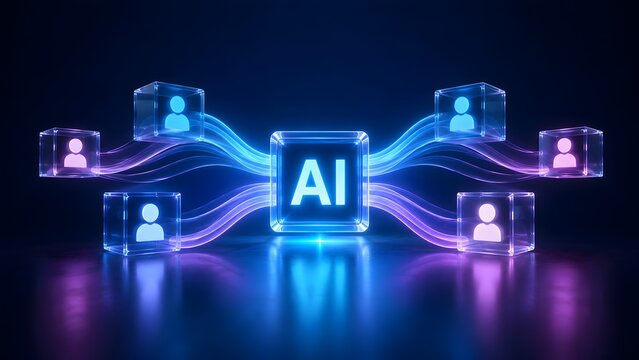 AI-powered network connecting diverse users globally, visualizing intelligent technology facilitating seamless communication and data flow in a futuristic digital ecosystem.