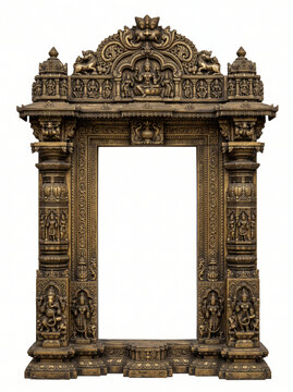 Monumental South Indian temple doorway frame with ornate cornice, sculptural figures, carved pillars and golden bronze relief