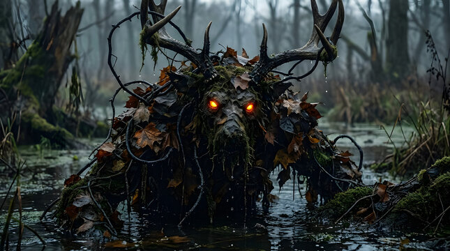 Antlered swamp monster emerging from dark water.