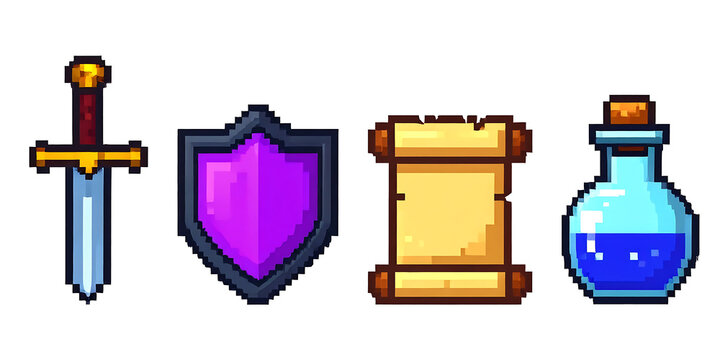Pixel Art Medieval Game Icons Set Sword Shield Scroll on Transparent Background