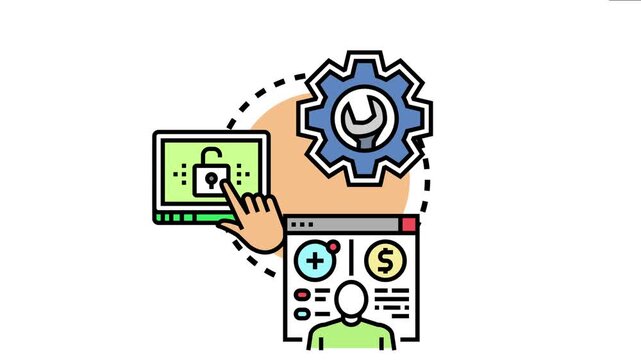 User interacting with a digital interface, managing personal account settings, security options, and financial data through a customizable control panel