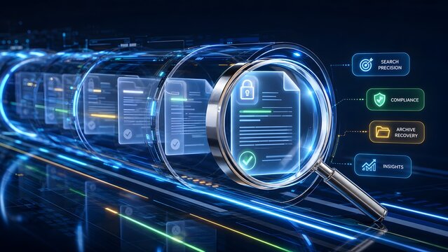 Digital data management system ensuring secure search precision, regulatory compliance, archive recovery, and providing valuable business insights in a futuristic environment.