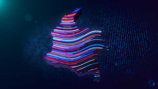 A glowing three dimensional Colombia map formed by vibrant flowing neon lines, surrounded by a dark blue digital particle grid and atmospheric light effects.