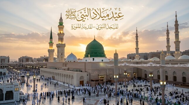 Green Dome of Al-Masjid an-Nabawi in Madinah with Islamic calligraphy at sunset.