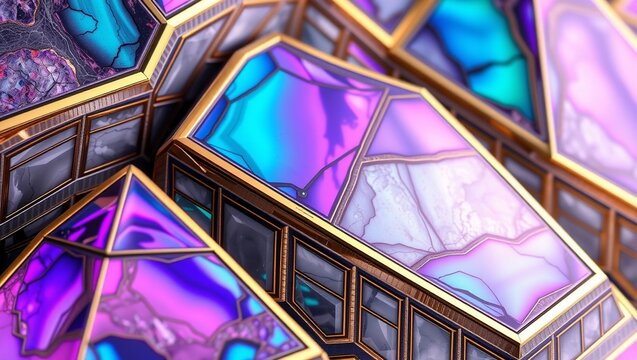 Luxury Iridescent Bismuth Crystal Geometric Pattern with Gold Inlays Abstract Background