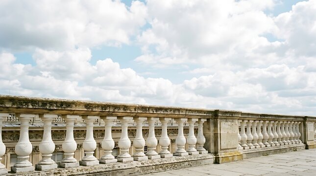 Classic stone balustrade railing on a terrace against a bright blue sky with white clouds