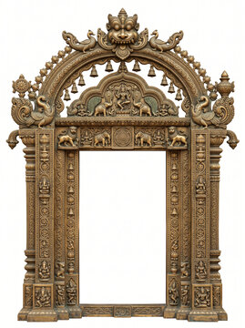 Ceremonial South Indian temple doorway frame with hanging bells, sculptural crown, floral carvings and golden bronze relief
