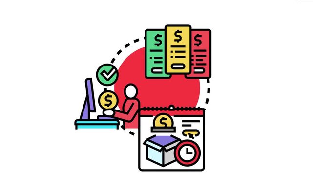 Illustration depicting a person managing an account subscription renewal. Involving multiple payment options. A recurring calendar event. And a delivery box