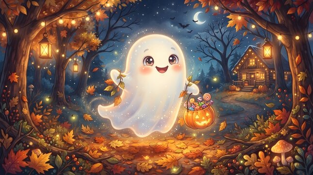 Cute ghost trick or treating in an autumn forest
