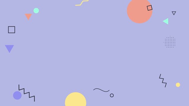 Abstract pastel memphis geometric background with colorful shapes circles triangles and zigzags on purple backdrop for motion graphic render