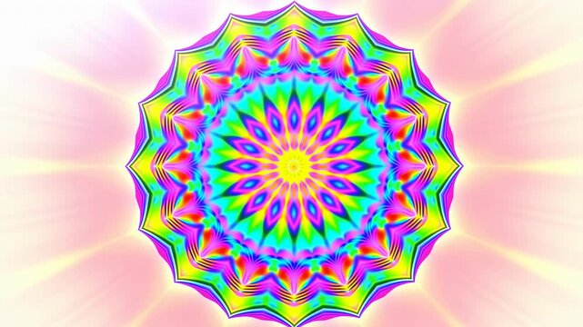 Centered neon mandala with layered scalloped rings and concentric petal geometry, blooming through shifting color bands with radiant pastel glow, intricate ornamental symmetry