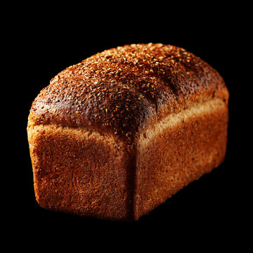 Closeup of a seeded loaf of Boroditsky bread isolated on a black background with clipping path, bakery freshness concept