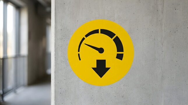 Yellow Speed Limit Sign and Down Arrow on Concrete Wall