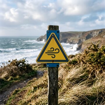 Yellow triangular strong wind warning sign on a coastal cliff path