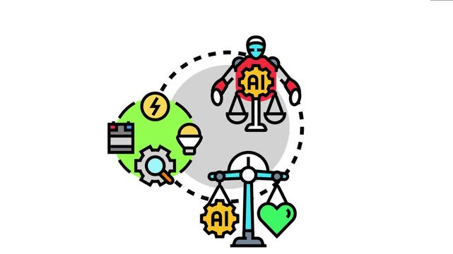 Artificial intelligence concepts depicting a robot holding a scale balancing fairness, alongside a system managing data, ethical considerations, and responsible algorithm development