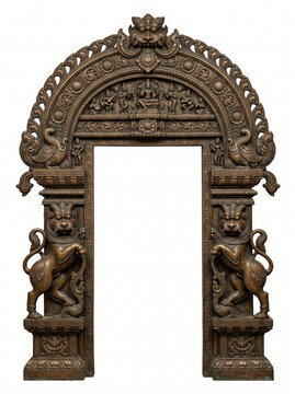 South Indian temple doorway frame with Yali guardian sculptures, ornate arch, carved pillars and dark antique bronze relief