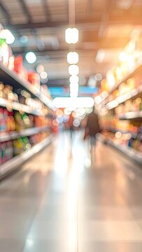 Blurred aisle of a brightly lit supermarket with shelves stocked with products and a person in the distance.