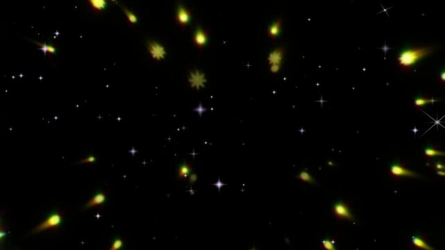 Glowing yellow light particles burst outward against a dark black spatial background.