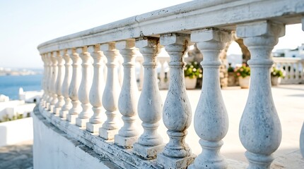 Fototapeta premium White stone balustrade on a sunny Mediterranean terrace overlooking the blue sea