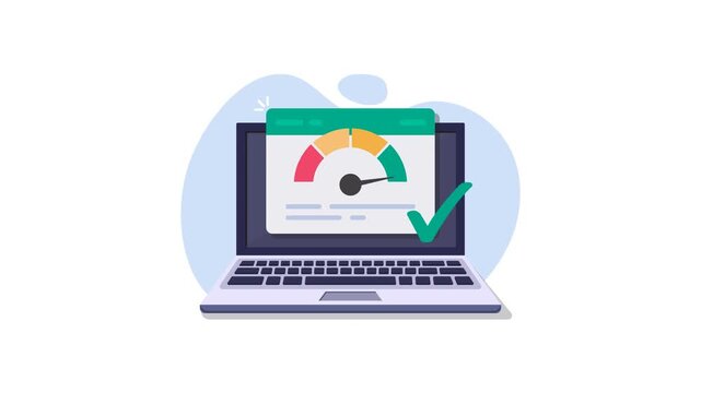 4K animation of Laptop Performance Dashboard With Speed Gauge And Green Check Mark Indicating Optimization And Success