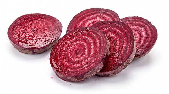 Fresh sliced beetroot rounds on white background. Raw purple beet vegetable slices with circular texture. Organic root vegetable pieces for cooking.