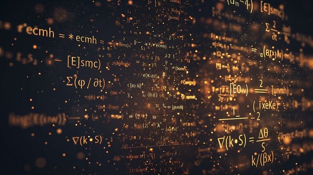 Close-up of complex physics equations and formulas written on blackboard in chalk or Science education background with advanced theoretical physics concepts.