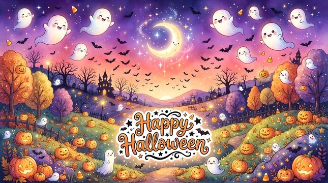 Happy halloween illustration with cute ghosts and pumpkins