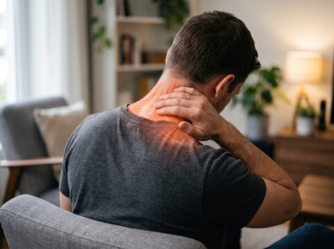 Man experiencing neck and shoulder pain with glowing red muscle graphic highlighting injury and soreness