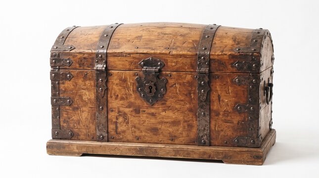 Vintage wooden treasure chest with iron hardware. Antique pirate trunk on white background. Rustic storage box for interior decor.