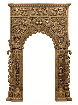 Refined South Indian temple doorway frame with floral scrollwork, figurative pillars, scalloped arch and golden bronze relief