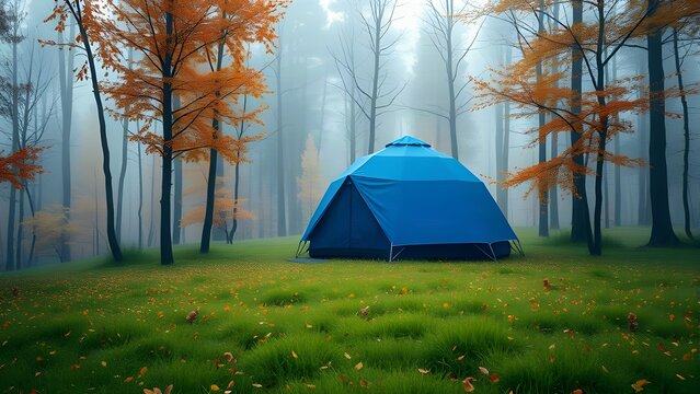 cozy blue dome tent in a serene autumn forest with golden leaves and morning mist