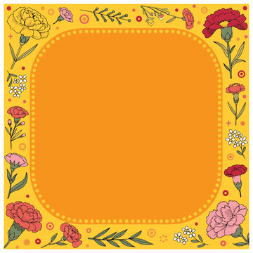 Floral Decorative Frame Border with Hand Drawn Flowers, Elegant Botanical Background Template