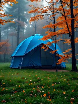 cozy blue dome tent in a serene autumn forest with golden leaves and morning mist