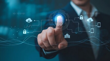 Obraz premium Businessman touching virtual screen with fingerprint scanner for cybersecurity and data protection