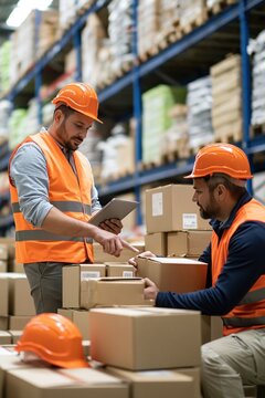 Two warehouse workers in safety vests and hard hats reviewing inventory and packaging boxes in a distribution center