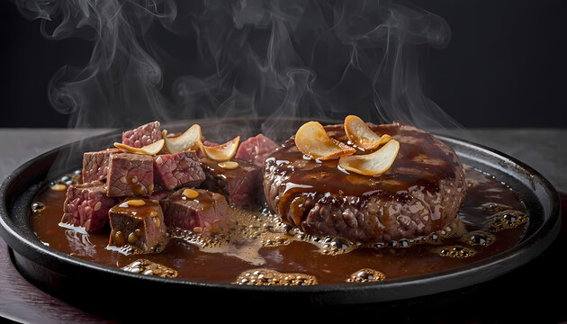 Premium Wagyu Beef Hamburger Steak and Diced Steak Combo Sizzling on Hot Iron Plate