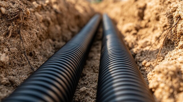 Two corrugated black pipes laid in a trench for underground utility installation